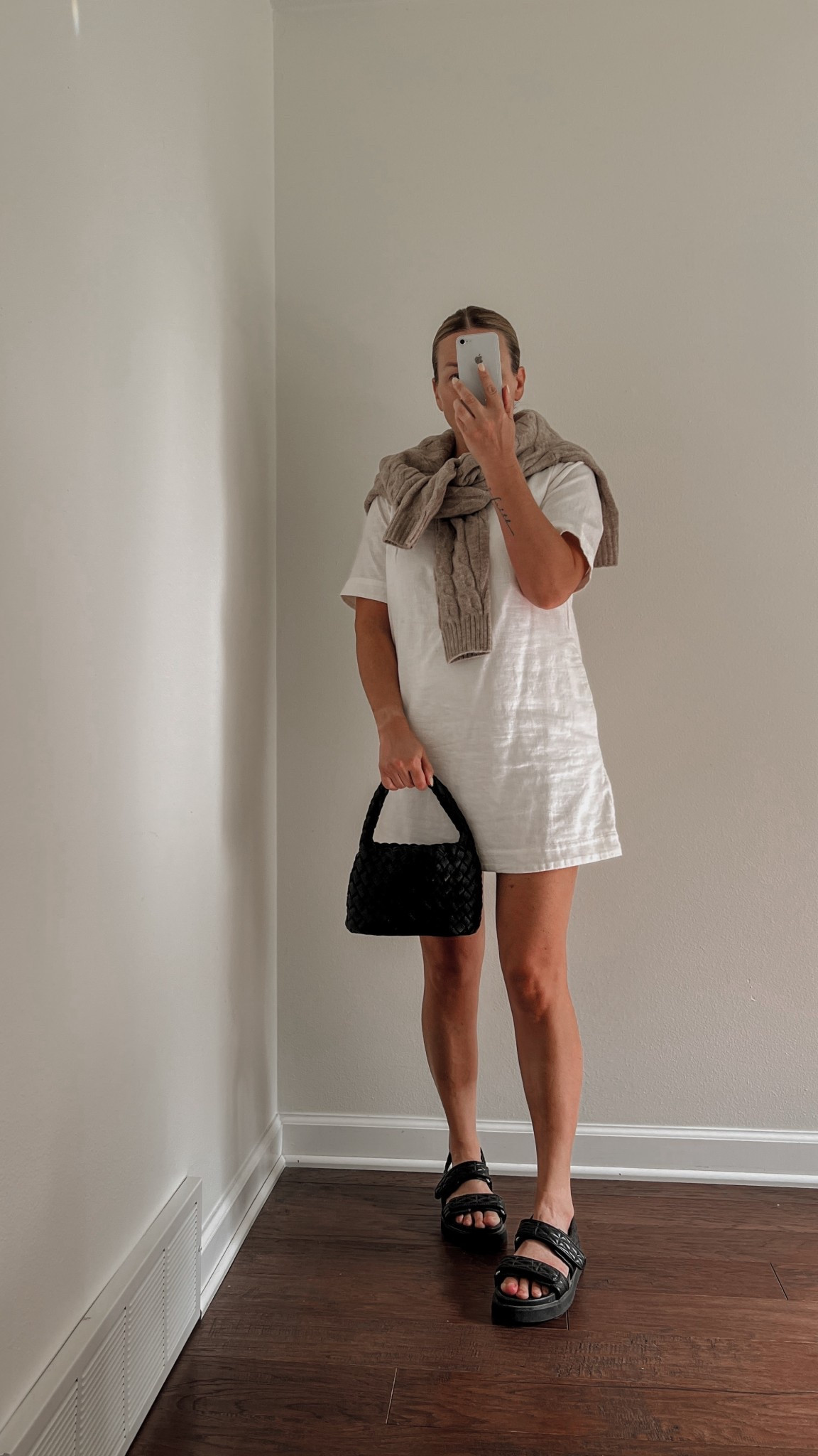 Summer Style Inspo. white shift dress, cable knit sweater, sandals  

#LTKOver40 #LTKStyleTip