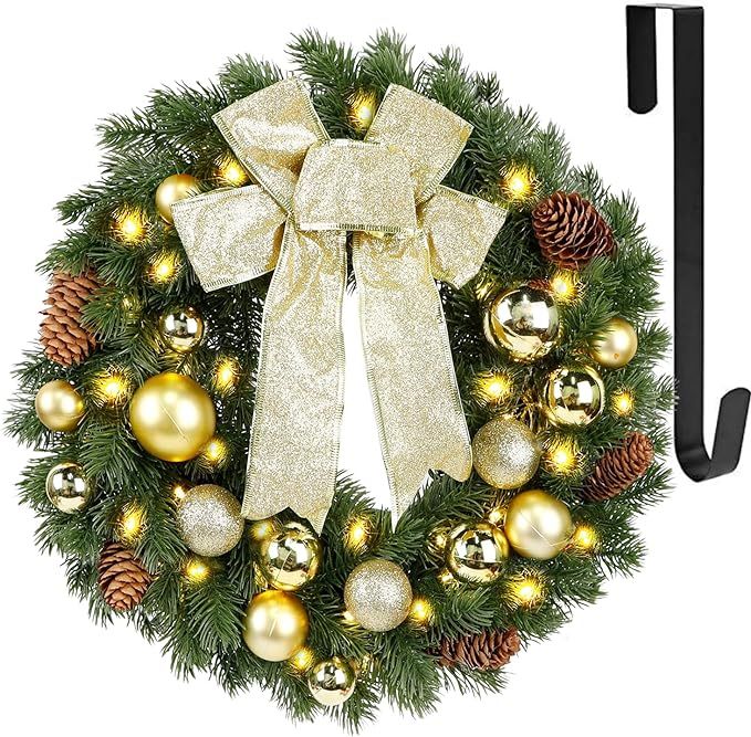 Hausse Lighted Christmas Wreath with Metal Hanger, Pre-lit Xmas Wreath with Large Golden Bow & Ba... | Amazon (US)