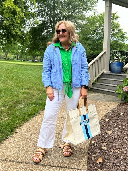 My jacket is 40% off! Linen hoodie. Wearing a large. 
Knit top in Kelly green. Size large. 

These jeans are a spanx kick flare. Wearing an XL petite. You def need your larger size. 10% off and free shipping code NANETTEXSPANX 

My tote is restocked!!! Pick your colors and monogram. Under $60. Grab a few because this sells out quick. Girlfriend’s bday, sister gift, mom gift. Hostess gift. 

And my sandals. On repeat over here. Yes they’re comfy! 



#LTKSaleAlert #LTKItBag #LTKFindsUnder100