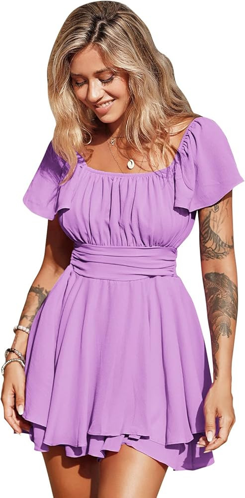 EXLURA Women's 2025 Summer Ruffle Short Sleeve Tie Back Romper Dress Square Neck A Line Cute Dres... | Amazon (US)