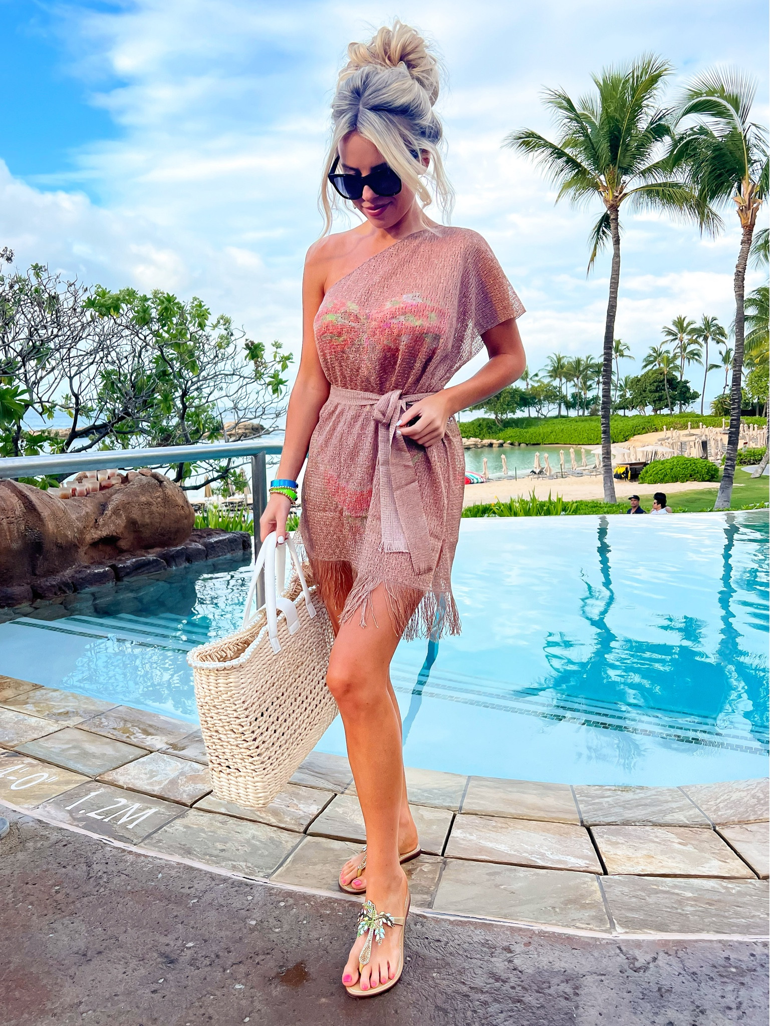 Swim coverup. Swimwear. Bikini. Beach bag. Beach tote. Palm tree sandals. Beach vacation. Revolve. Hawaii 

#LTKshoecrush #LTKitbag #LTKswim