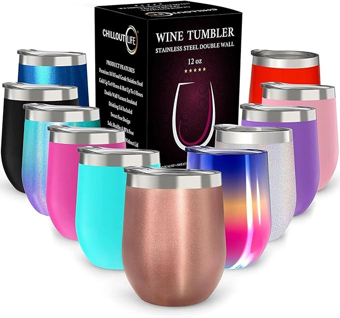 CHILLOUT LIFE 12 oz Stainless Steel Wine Tumbler with Lid & Gift Box, Double Wall Vacuum Insulate... | Amazon (US)