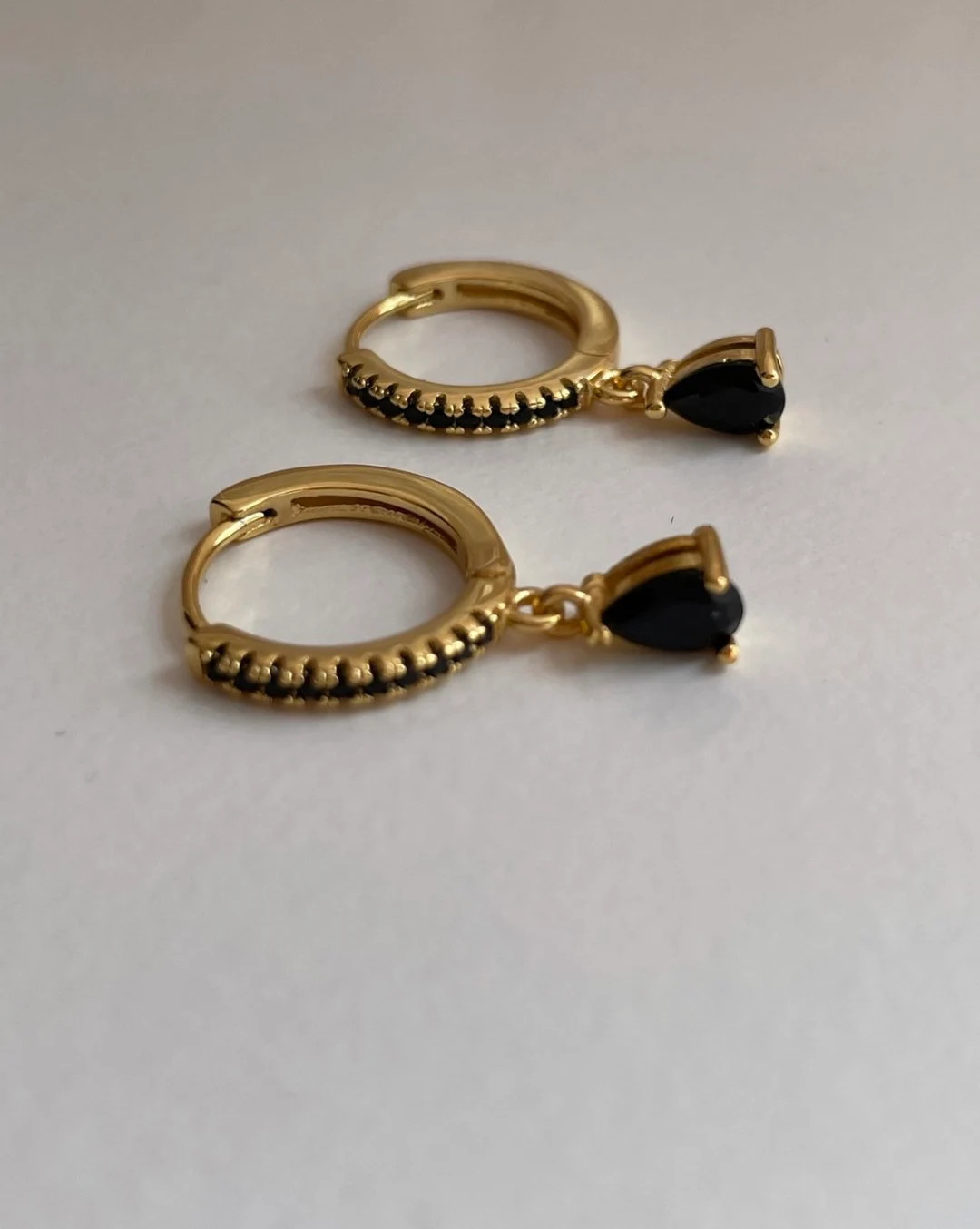 Black Onyx Gold Hoop Earrings in Sterling Silver.dainty - Etsy UK | Etsy (UK)