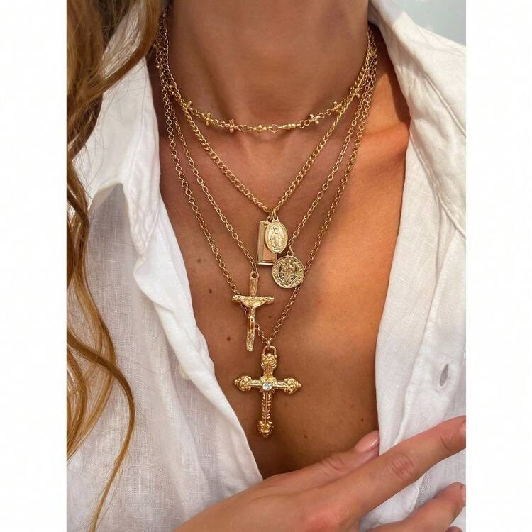 4pcs Vintage Metal Geometric Round Pendant Multilayer Necklace Set, Women Punk Style Jesus Cross ... | SHEIN