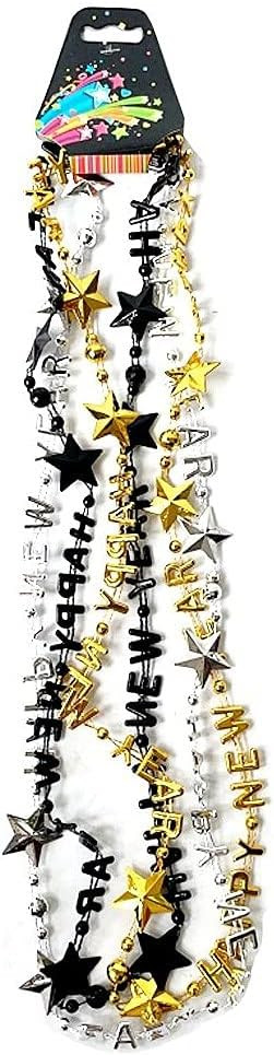 Pack of 12 Happy New Year Eve Assorted Gold Black Silver Color Party Bead Necklaces | Amazon (US)
