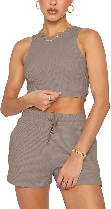 KIKIBERRY Women's Lounge sets Sleeveless Halter Neck Waffle Knit Crop Tank Tops with Shorts Sleep... | Amazon (US)