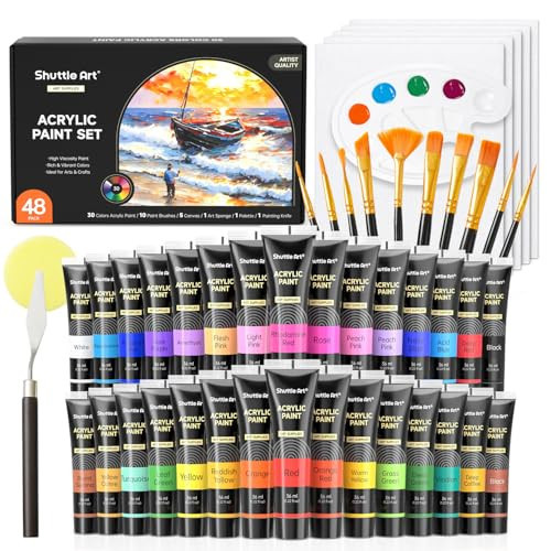 Shuttle Art 48 Pack Acrylic Paint Set, 30 Colors Acrylic Paint (36ml) with 10 Brushes 5 Canvas 1 Paint Knife 1 Palette 1 Art Sponge, Complete Set for Kids, Adults Painting on Canvas Rocks Wood Ceramic | Amazon (US)