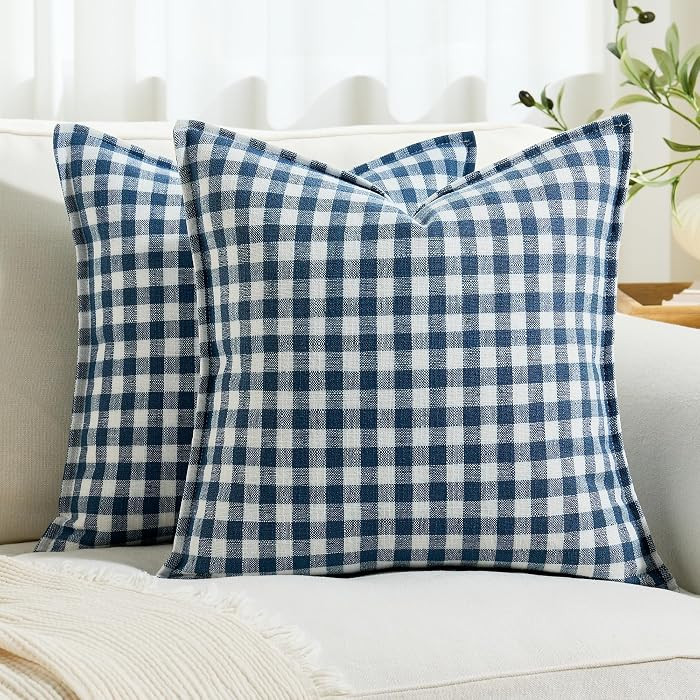 KINDREX Farmhouse Gingham Throw Pillow Covers 20x20 Set of 2, Small Checkered Linen-Textured Cush... | Amazon (US)
