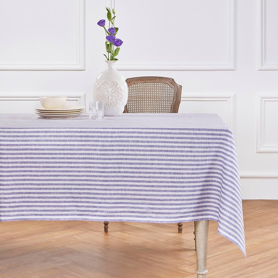 Solino Home Linen Striped Tablecloth 60 x 90 Inch - 100% Pure Linen Violet and White Table Cloth ... | Amazon (US)