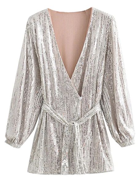 'Tiffany' V-neck Sequinned Waist Tied Mini Dress | Goodnight Macaroon