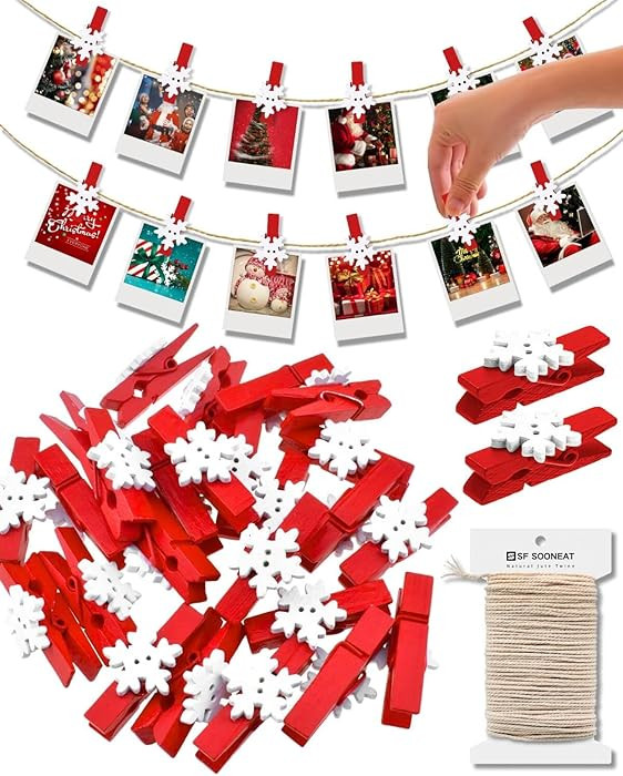 Mini Clothespins Christmas Clothes Pins for Photo Red Clothespins White Snowflake Wooden Clips Sm... | Amazon (US)