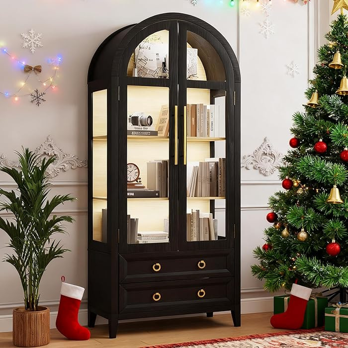 LVSOMT 71" Tall Arched Storage Cabinet with Glass Doors and Drawers, Curio Display Cabinet with A... | Amazon (US)