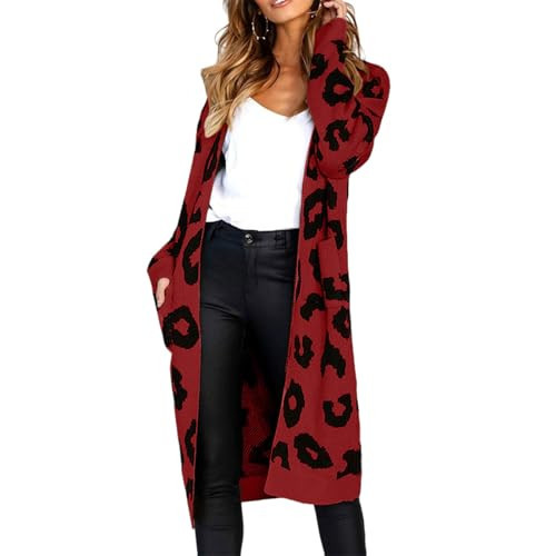Women's Long Sleeves Cardigans Open Front Casual Fall Winter Leopard Print Knitted Sweater Long Cardigan Outwear Red | Amazon (US)