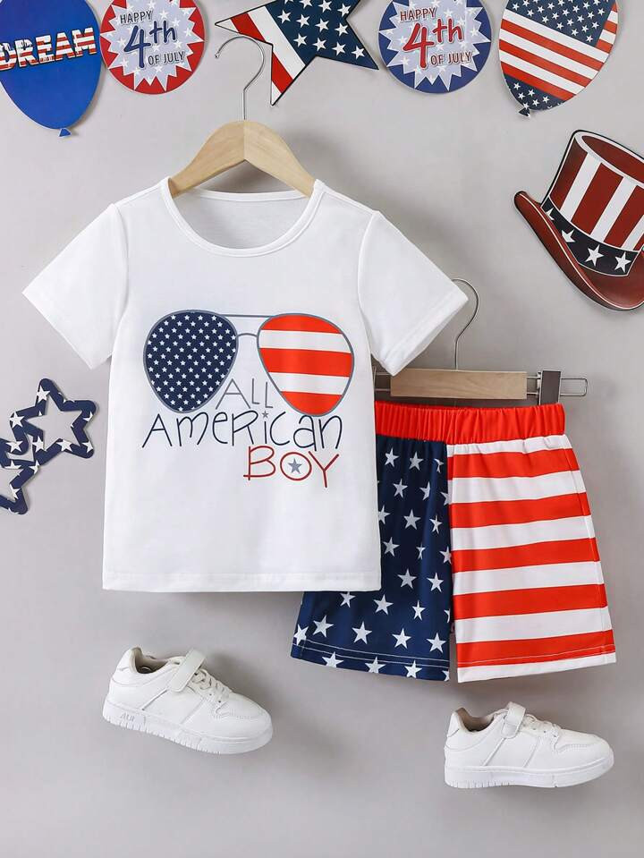 SHEIN 2pcs/Set Young Boy American Flag Print Crewneck Pullover T-Shirt And Shorts, Suitable For S... | SHEIN