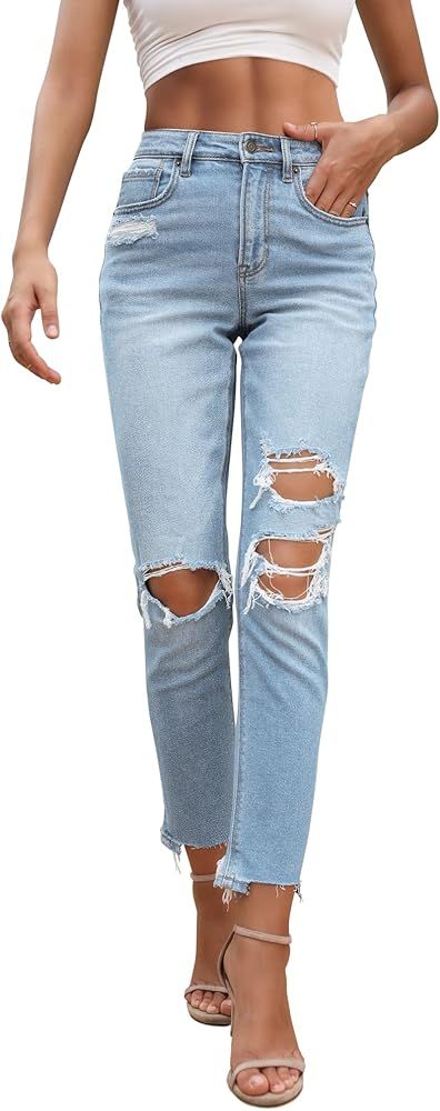 OFLUCK Women Ripped High Waisted Jeans Frayed Raw Hem Regular Fit Boyfriend Distressed Denim Pant... | Amazon (US)