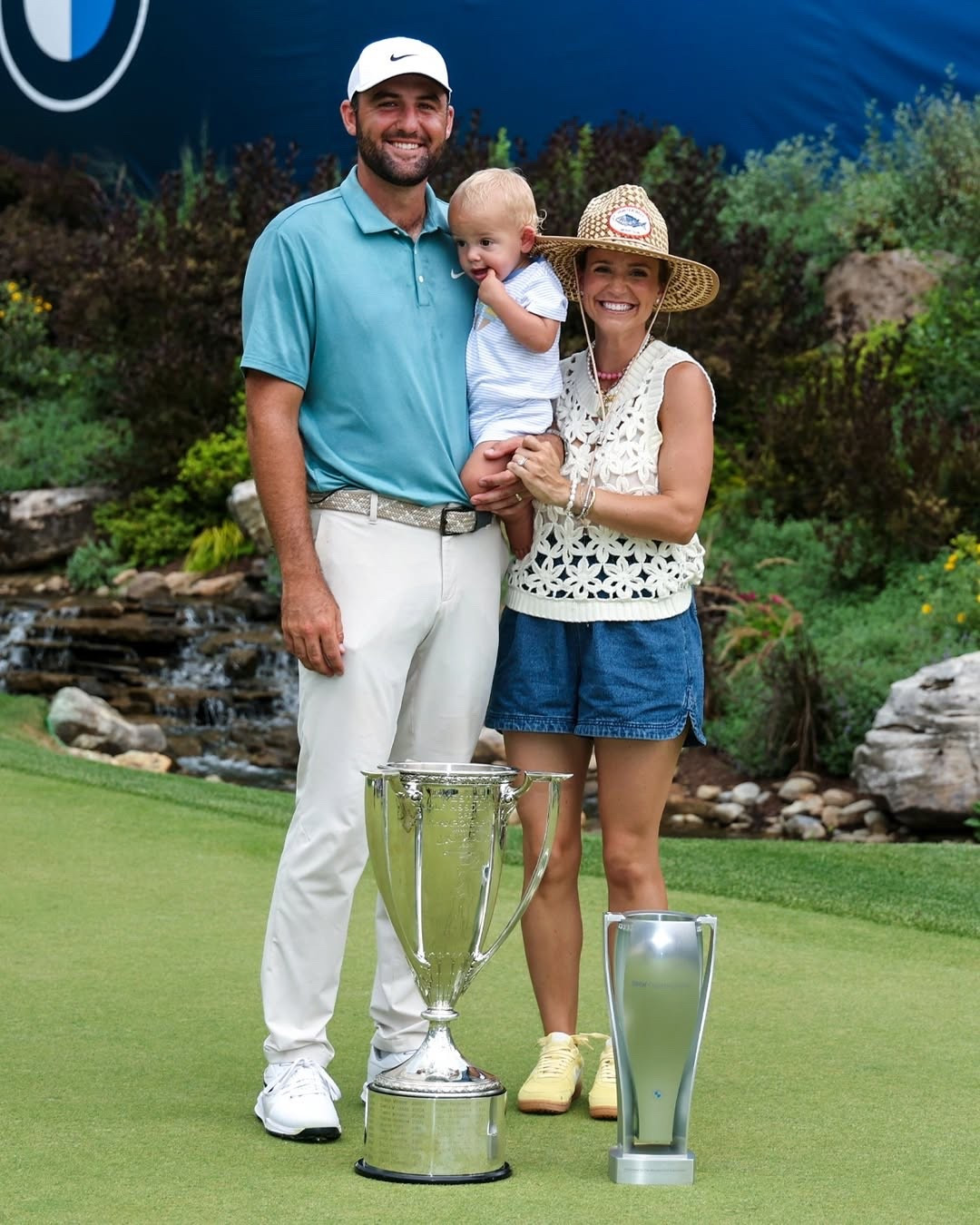 A Scheffler family tradition 🏆 Meredith Scheffler wearing pull on denim shorts and cream colored women's floral crocheted sweater vest yellow Nike sneakers

#LTKStyleTip