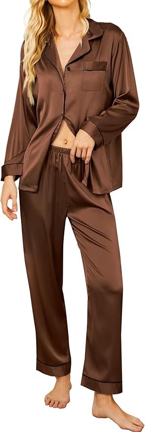 Ekouaer Silk Satin Pajamas Women's Long Sleeve Sleepwear Soft Button Down Pj Set 2 Piece Loungewe... | Amazon (US)