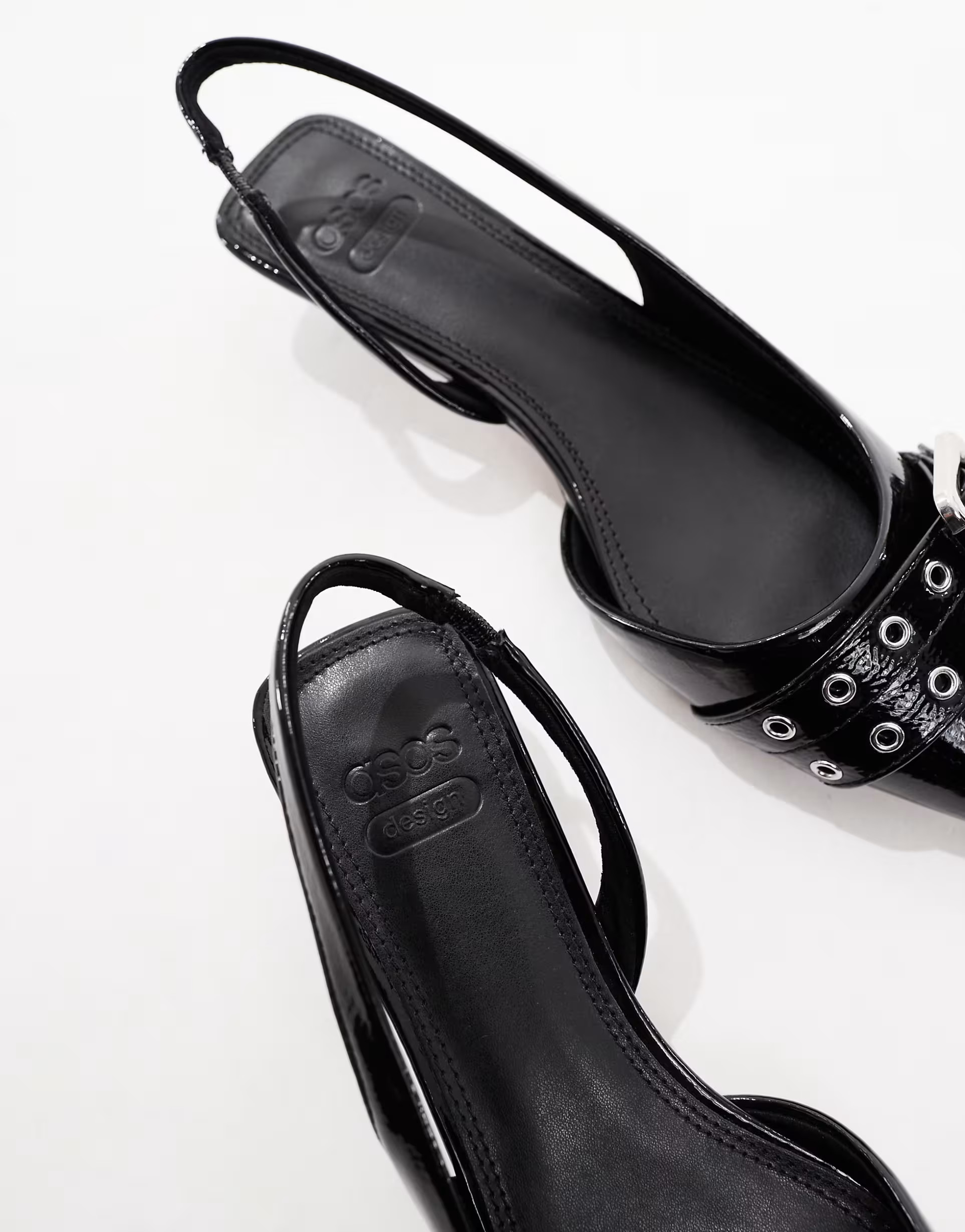 ASOS DESIGN Sleek buckle detail slingback kitten heeled shoes in black | ASOS (Global)