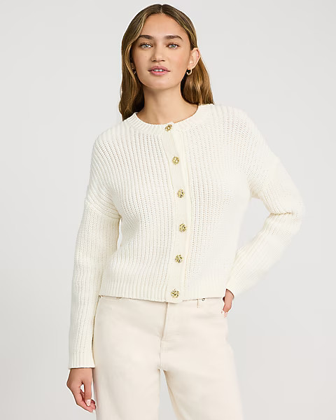 Chunky Crew Neck Novelty Button Cardigan | Express