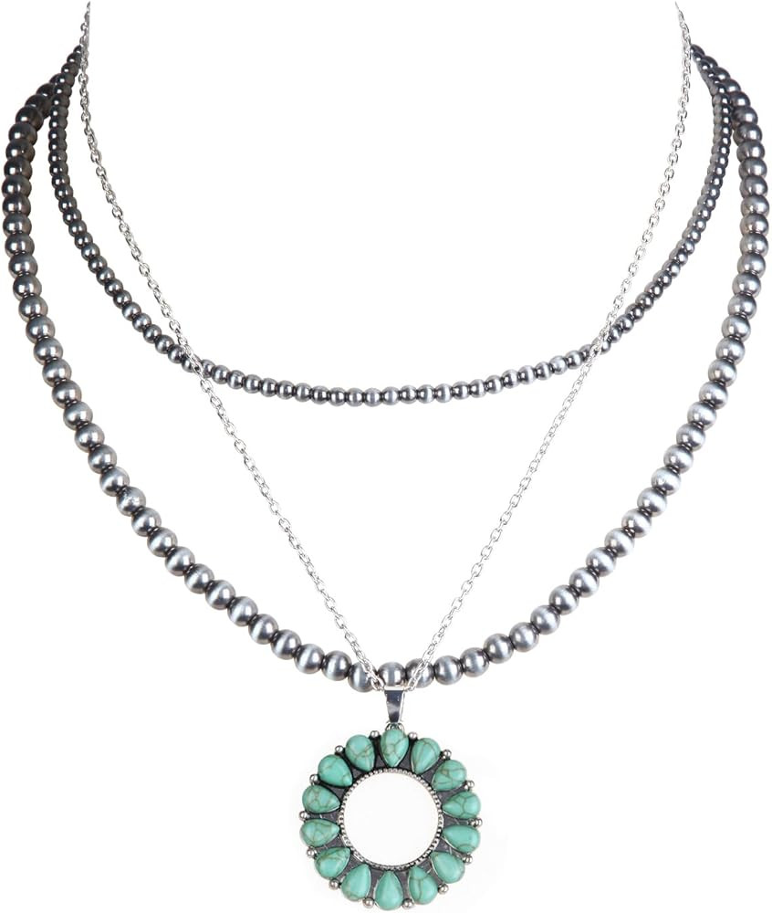 Western Jewelry Navajo Pearl Turquoise Necklace for Women Handmade Layered Long Pearl Necklaces w... | Amazon (US)