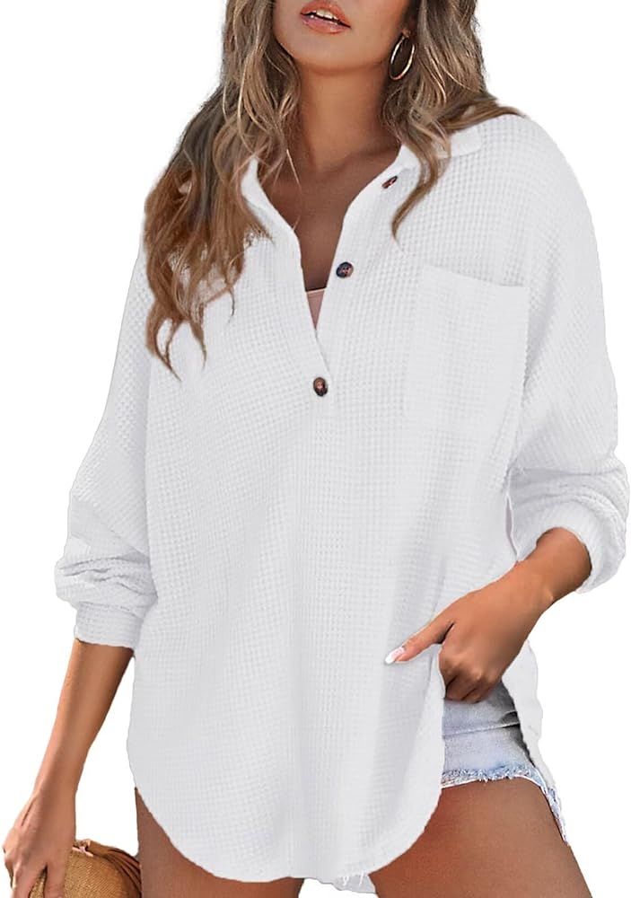 Astylish Women Waffle Knit Top Henley Shirts V Neck Solid Color Casual Long Sleeve Tunic | Amazon (US)