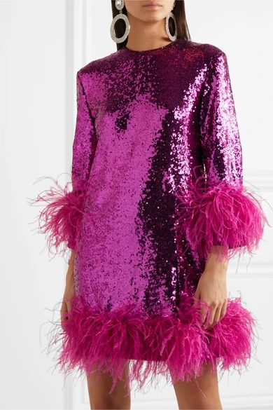 Feather-trimmed sequined crepe mini dress | NET-A-PORTER (US)