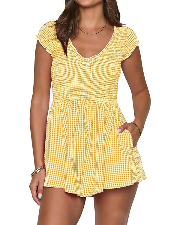Summer Gingham Romper for Women 2025 Dressy Casual Beach Vacation Short Plaid Smocked Jumpsuit | Amazon (US)