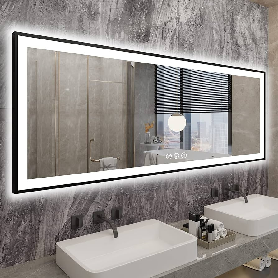 84x32 Large LED Bathroom Mirror - Black Aluminum Framed (Front and Backlit), Anti-Fog Lighted Mir... | Amazon (US)