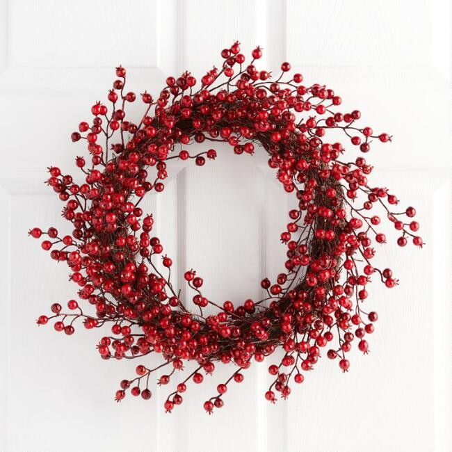 Pier Place Red Faux Berry and Twig Glitter Wreath | World Market
