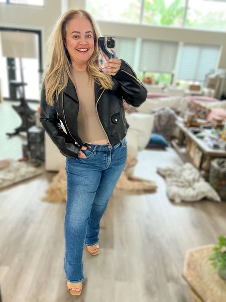 Fall outfit with a gorgeous skyscraper jeans from Express, top ( set is 3 ) from Abercrombie, nude sandals and my favorite piece for fall, Faux Leather Moto Jacket BLANKNYC

#LTKstyletip #LTKSeasonal #LTKcurves