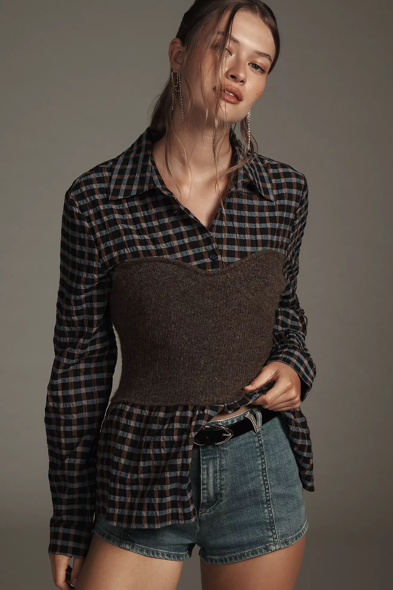 Self Contrast Plaid Buttondown Twofer Corset Sweater Top | Anthropologie (US)