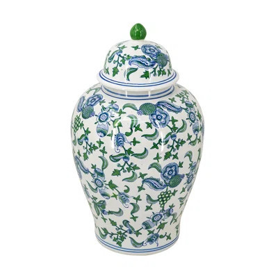Decorative Porcelain Ginger Jar with Cherry Blossom Patterns - 13.5"Dia. x 23" - Blue/Green/White | Wayfair North America