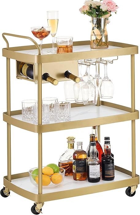 SONGMICS HOME Bar Cart, Home Bar Serving Cart with 3-Tier Shelf, Flexible Wine Bottle Rack and Gl... | Amazon (US)