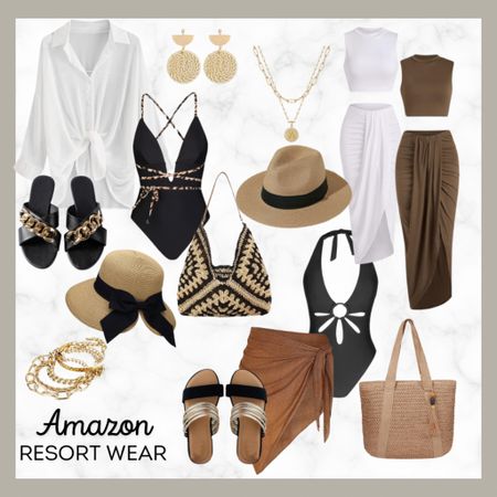 Resort wear bathing suits cover up’s sandals beach bag one piece jewelry gold necklace 