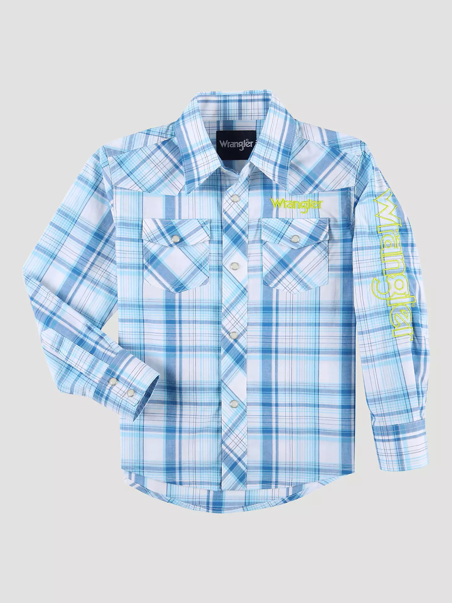 Boy's Wrangler® Logo Long Sleeve Western Snap Shirt in Bold Plaid | Wrangler