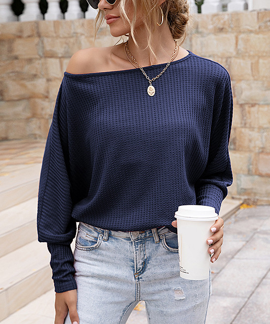 Suvimuga Women's Blouses Navy - Navy Waffle-Knit Boatneck Top - Women | Zulily