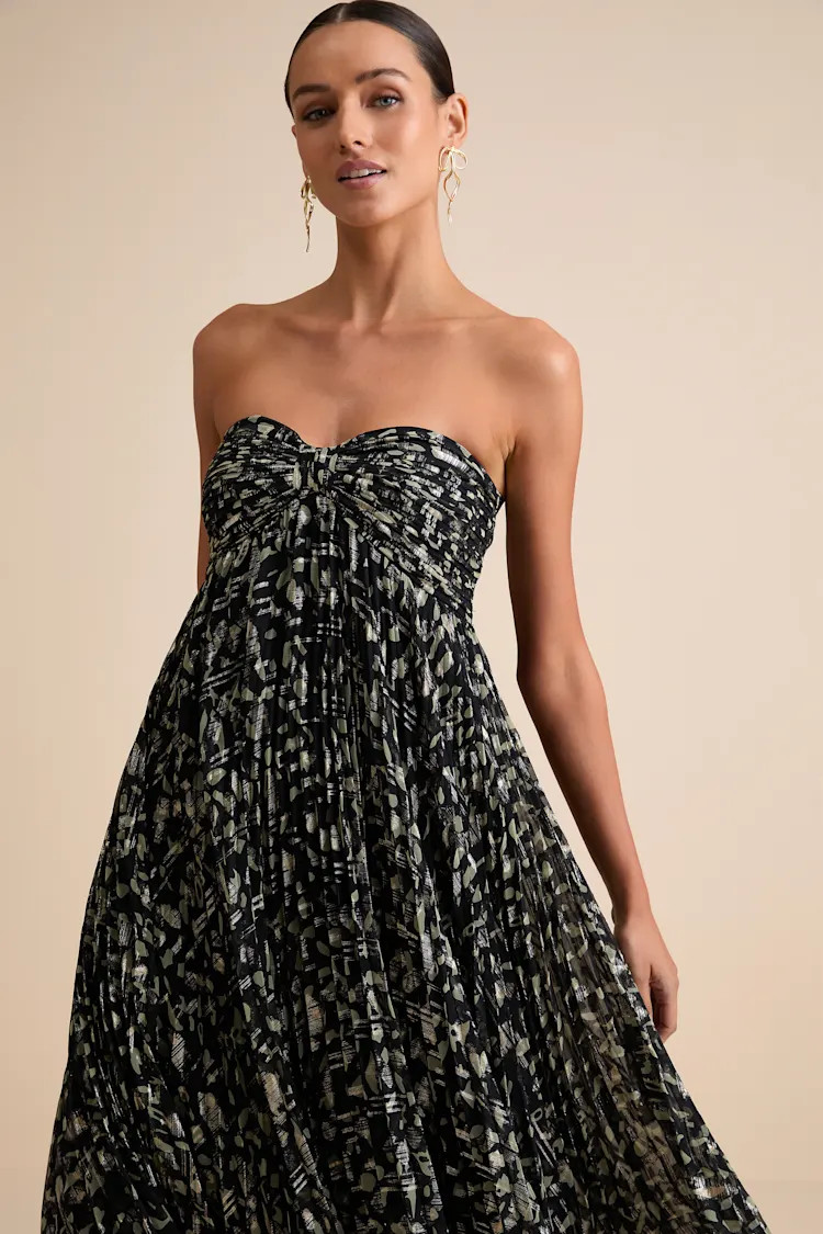 Lynwen Black Abstract Pleated Strapless Maxi Dress | Lulus