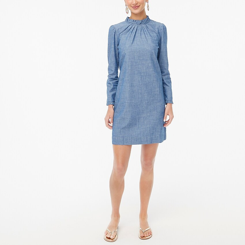 Chambray ruffleneck shift dress | J.Crew Factory
