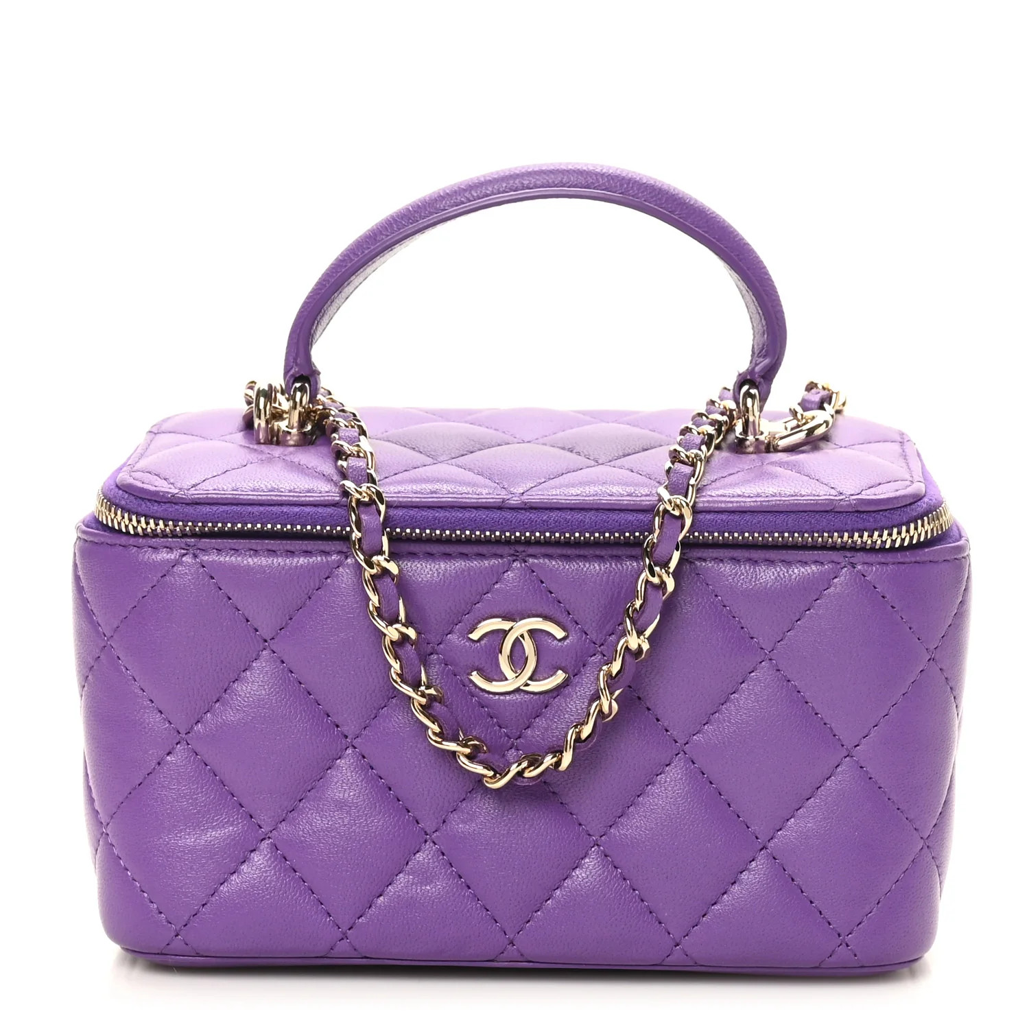Lambskin Quilted Small Top Handle Vanity Case With Chain Purple | FASHIONPHILE (US)