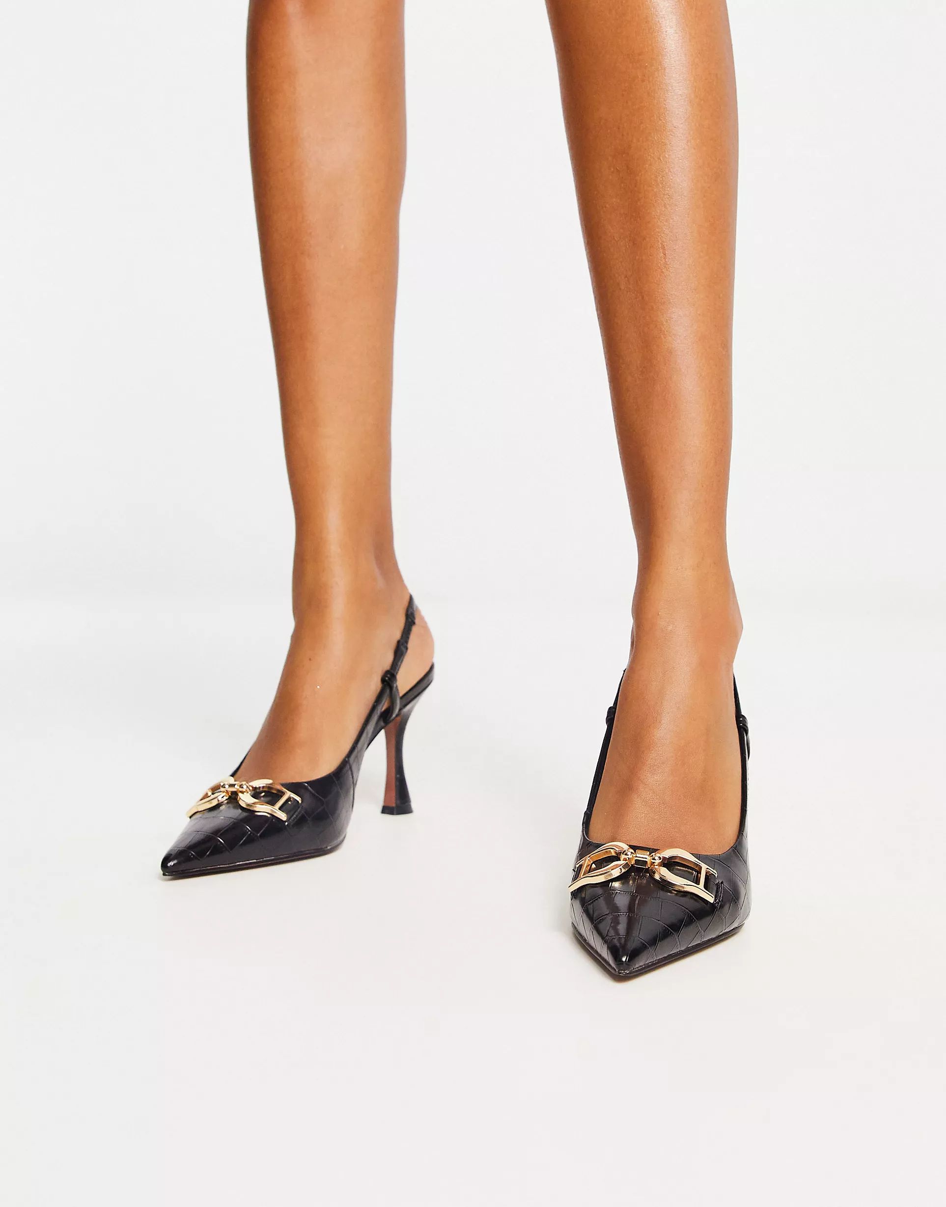 ASOS DESIGN Stockholm snaffle detail mid heel shoes in black croc | ASOS | ASOS (Global)