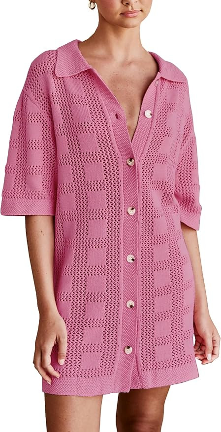 Lumister Summer Knit Shirt Dress for Women Crochet Button Front Shirt Dress Cover Up Bathing Suit... | Amazon (US)