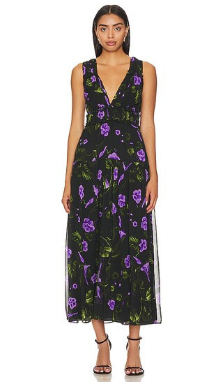 Mercedes Print Midi Dress in Black Pansy | Purple Dress Outfit | Black Floral Dress | Summer Outfits | Revolve Clothing (Global)