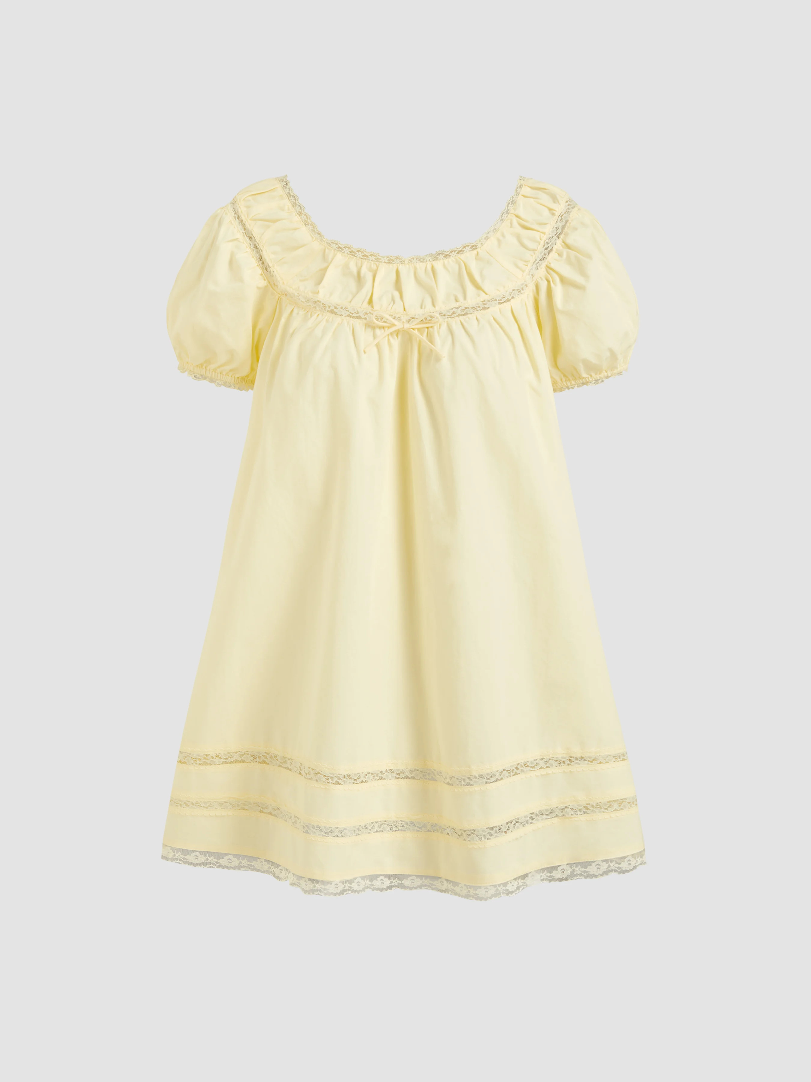 Cotton-blend Lace Trim Bowknot Puff Sleeve Mini Babydoll Dress | Cider