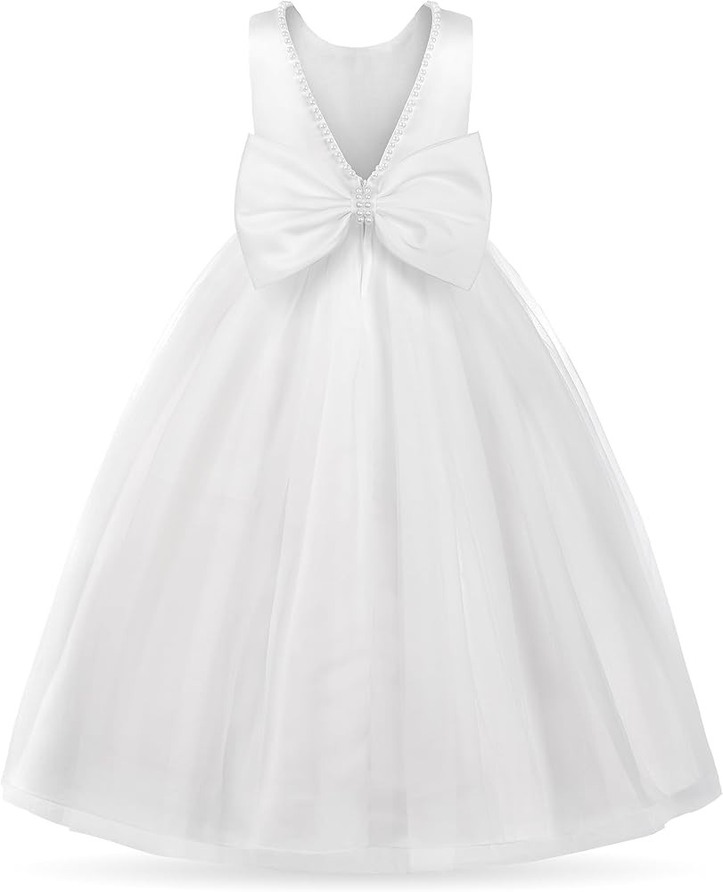 Uhnice Flower Girl Pearls Dress V-Back Tulle Ball Gown Satin Prom with Bow-Knot for Wedding Pagea... | Amazon (US)
