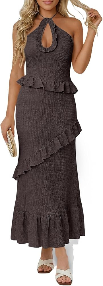 Wenrine Womens Sexy Halter Maxi Dress Cutout Sleeveless Ruffle Tassel Backless Party Club Summer ... | Amazon (US)