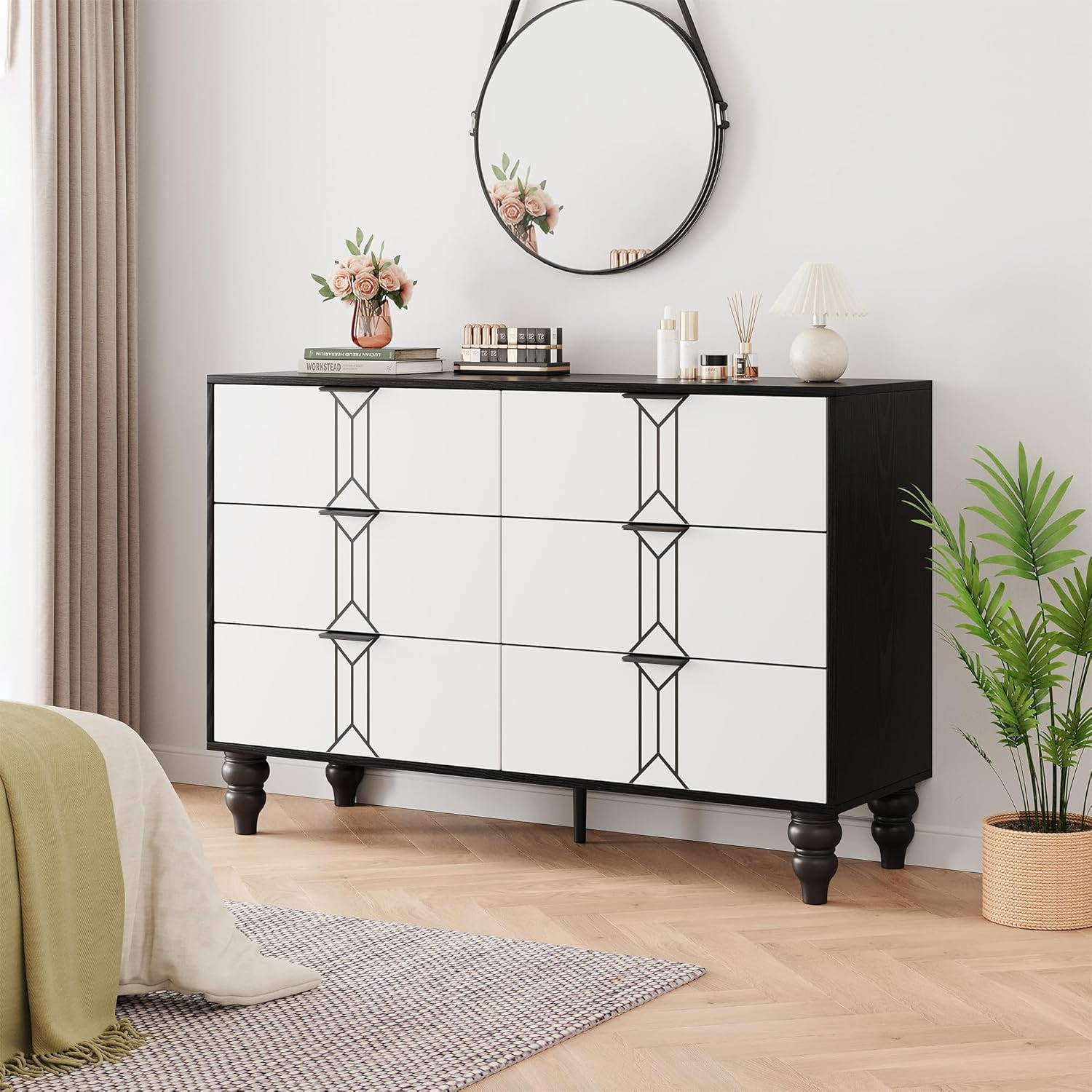 Qeetex Modern Wooden 6 Drawer Dresser with Vintage Pattern Design Chest Dresser with Deep Drawers for Bedroom Living Room and Entryway Black and White | Lowe's