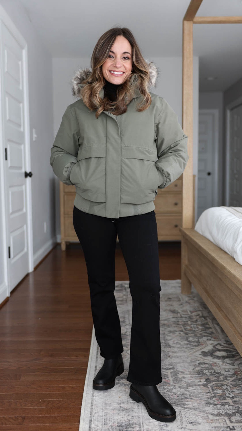 A simple winter outfit for a cold wet winter day from @onequince #quincepartner 

Bella Stretch Kick Flare Jeans: 24 x 26” in black 
100% Organic Cotton Fisherman Crew Sweater: XS in black
Responsible Down Hooded Short Parka: XS in faded cargo
