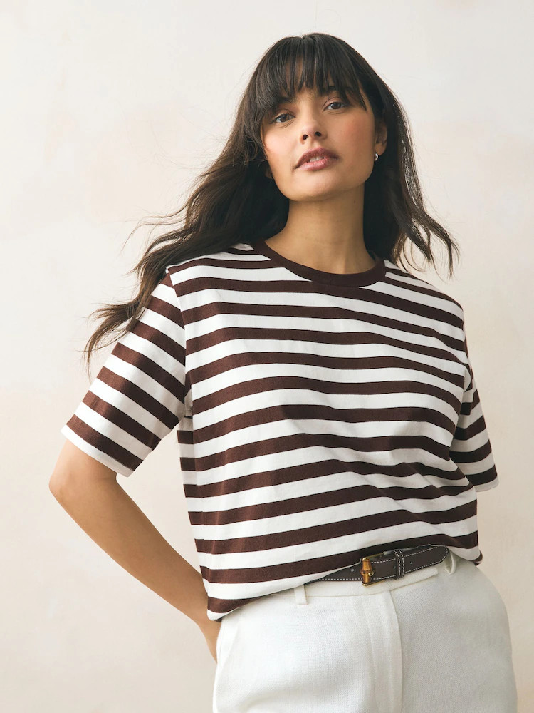 Buy Chocolate Brown Stripe Heavyweight Short Sleeve Crew Neck T-Shirt from Next USA | Next US