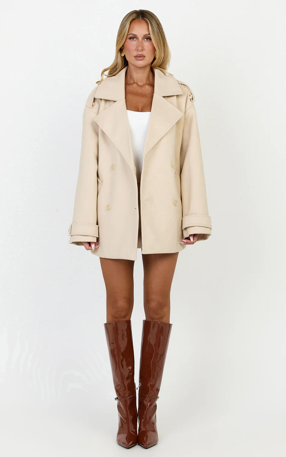 Double Breasted Short Wool Like Coat in Cream | Showpo (US, UK & Europe)