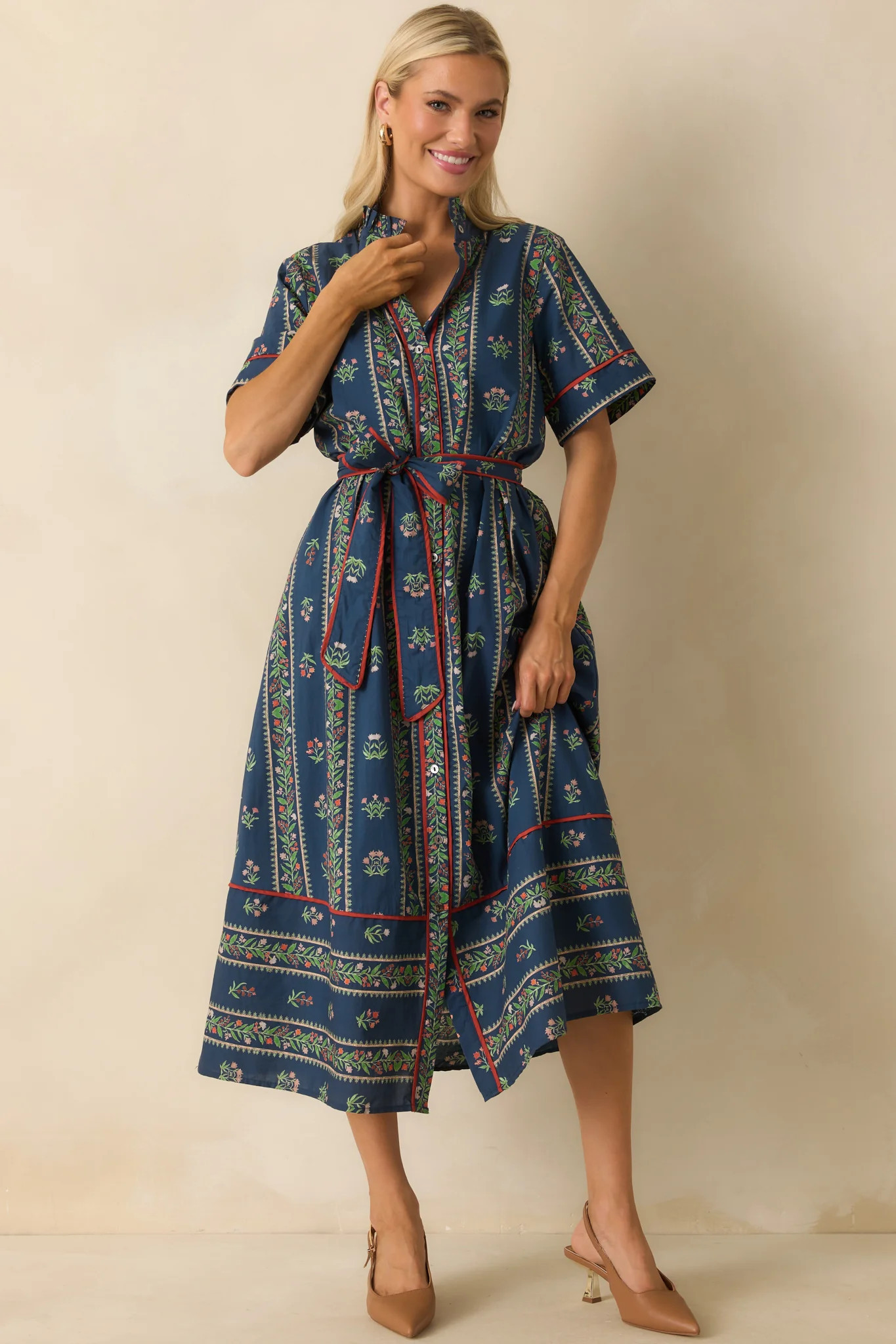 Petals In The Wind Navy Multi Floral Print Cotton Maxi Shirt Dress | Red Dress